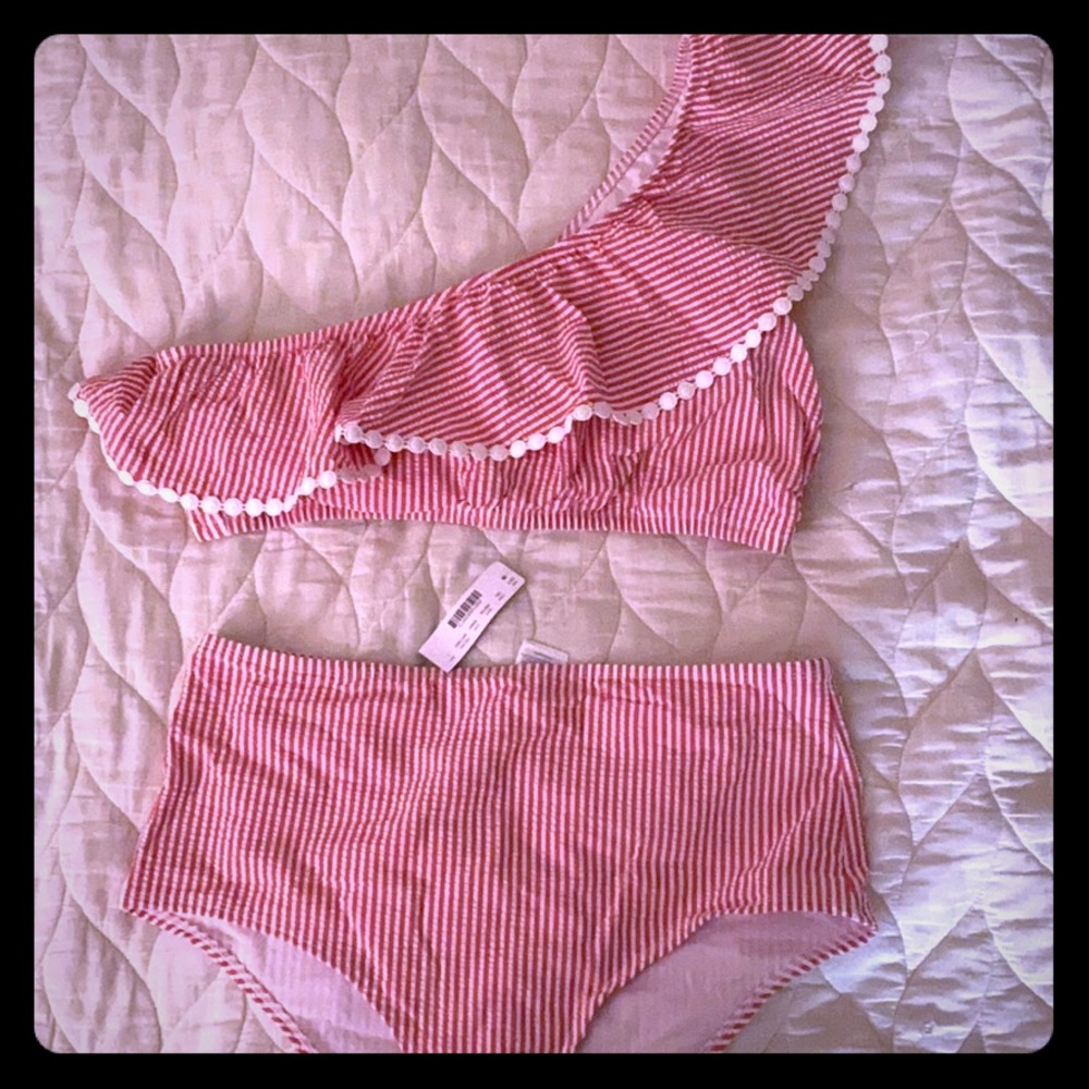 J. Crew high waist one shoulder seersucker bikini